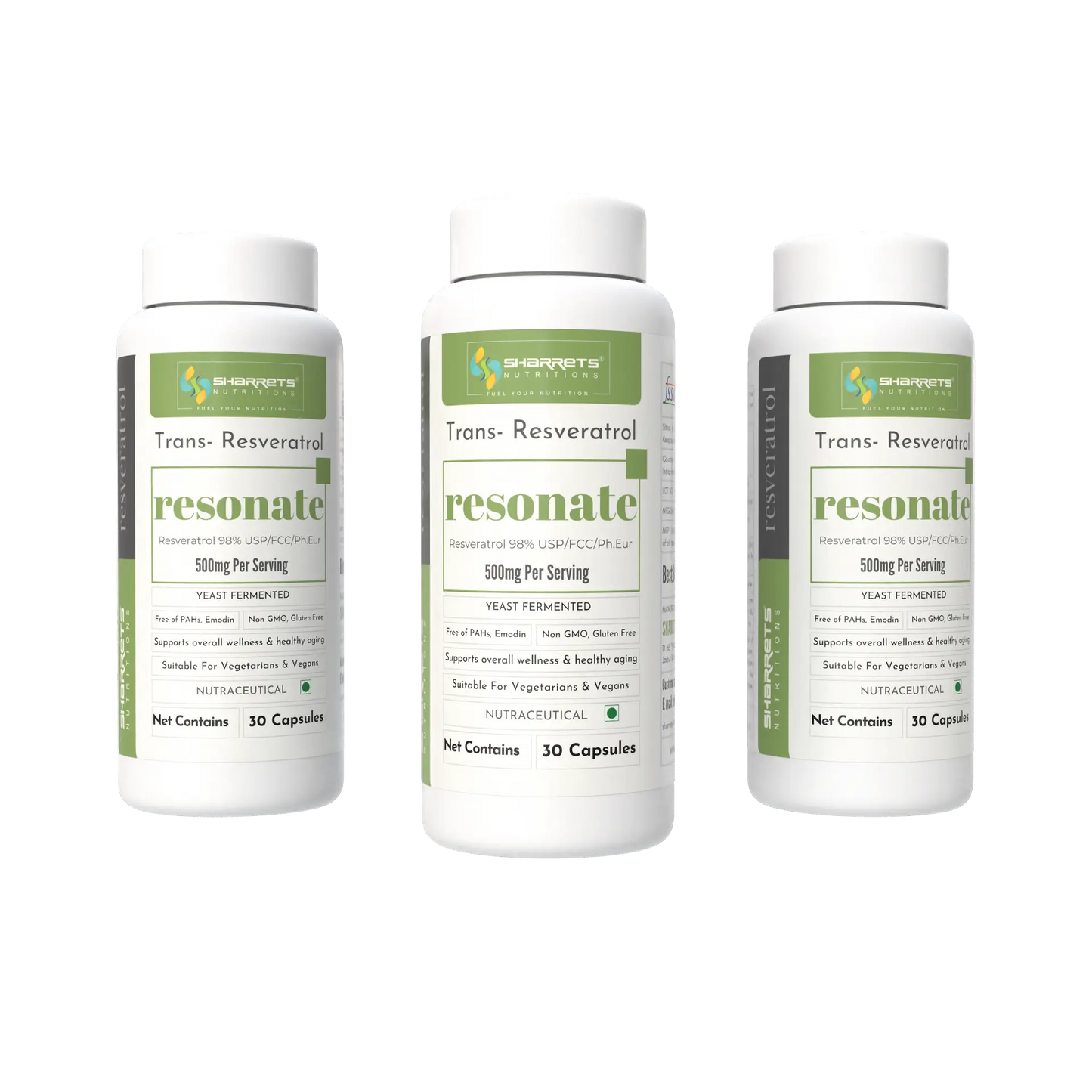 Three bottles of sharrets Trans-Resveratrol resonate on a white background