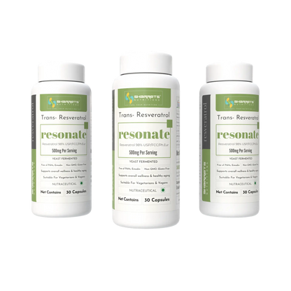 Three bottles of sharrets Trans-Resveratrol resonate on a white background