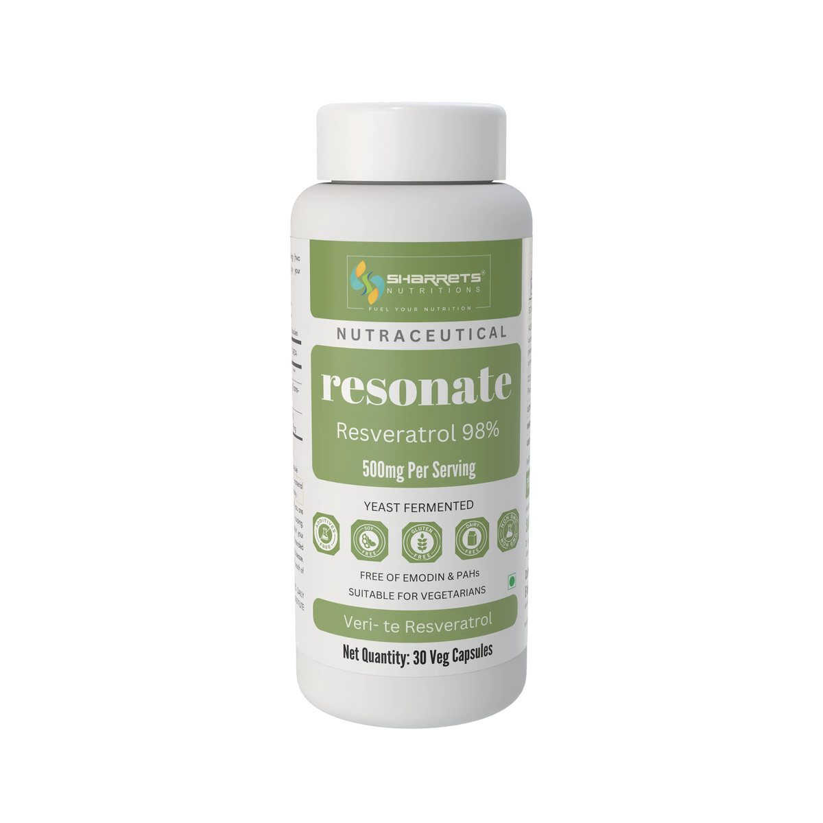 A white plastic bottle of Sharrets Nutritions Resonate Resveratrol 98% dietary supplement, containing 30 veg capsules, shown on a solid white background.