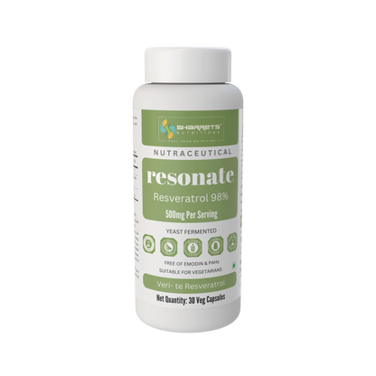 A white plastic bottle of Sharrets Nutritions Resonate Resveratrol 98% dietary supplement, containing 30 veg capsules, shown on a solid white background.