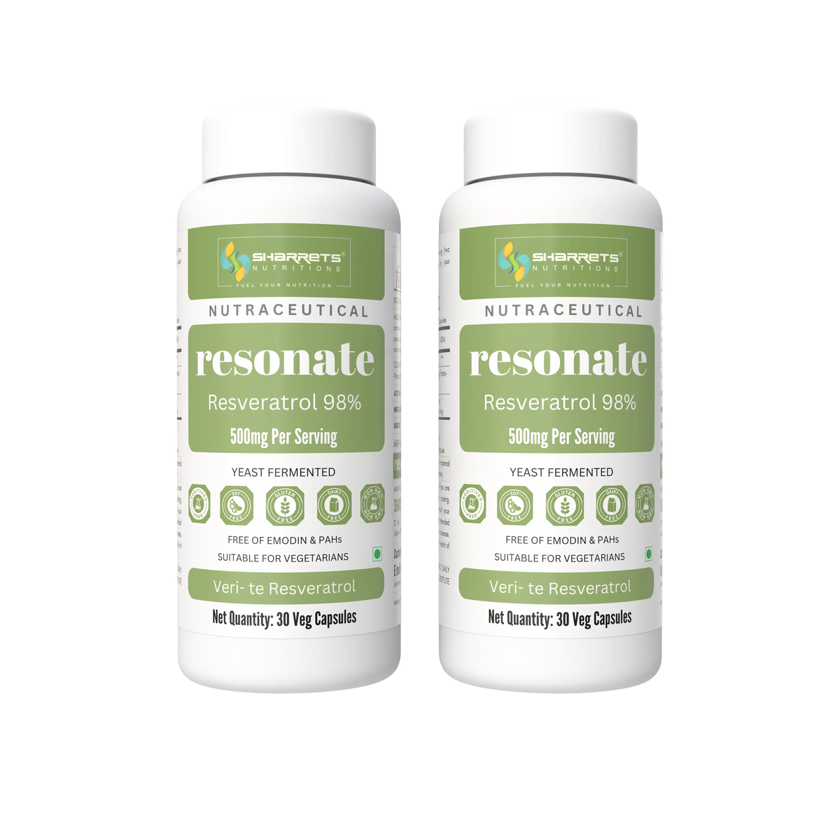 Two Bottles of Sharrets Trans-Resveratrol Supplements capsules | 98% Pure German Origin 