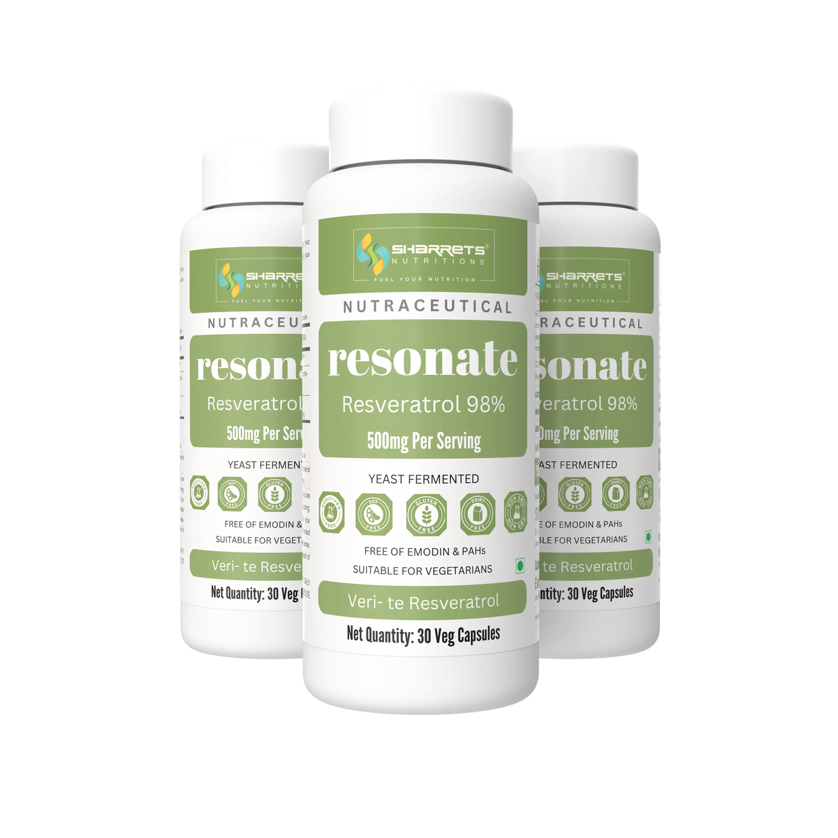 Three white bottles of Sharrets nutritions Resonate Resveratrol 98% dietary supplement, arranged in a fan shape against a solid white background.