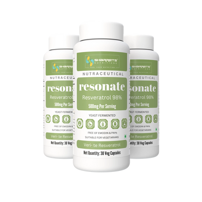 Three white bottles of Sharrets nutritions Resonate Resveratrol 98% dietary supplement, arranged in a fan shape against a solid white background.