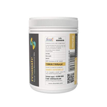Resonate Resveratrol 98% 200g powder right-side label with FSSAI licence, Germany raw material origin, storage instructions, MRP and Sharrets Nutritions details.