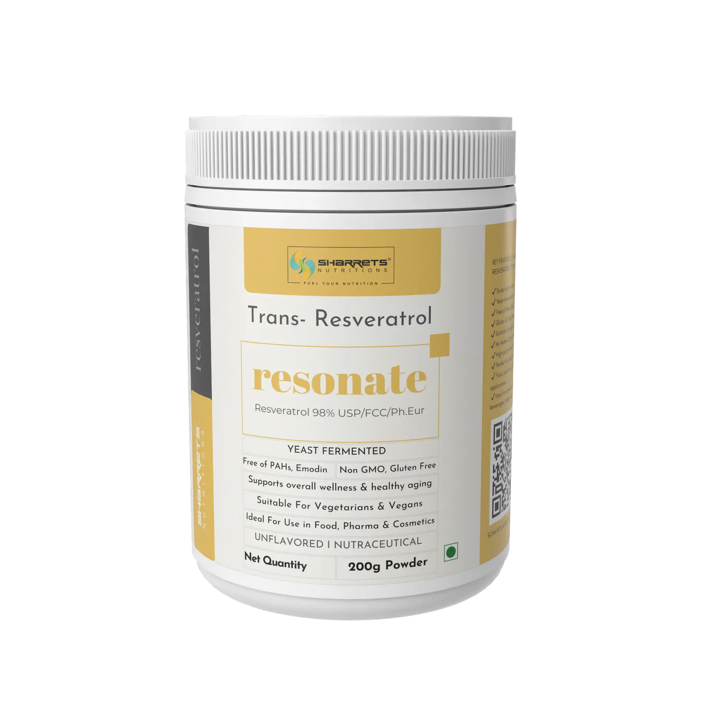 Container of Sharrets Resonate Trans-Resveratrol powder on a white background