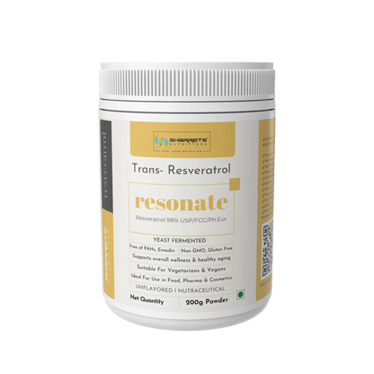 Container of Sharrets Resonate Trans-Resveratrol powder on a white background