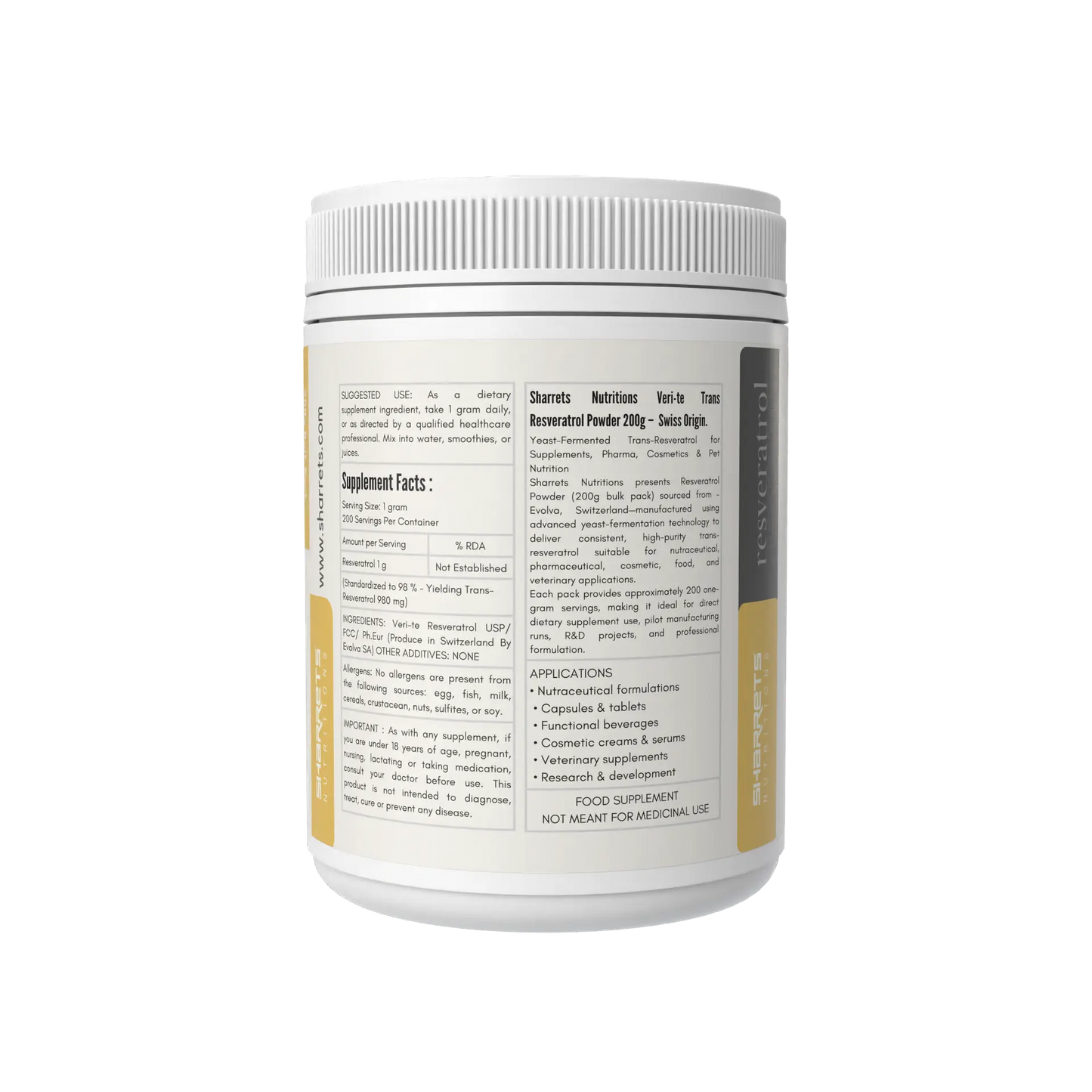 Supplement container with label on a white background -Sharrets Resveratrol Supplements