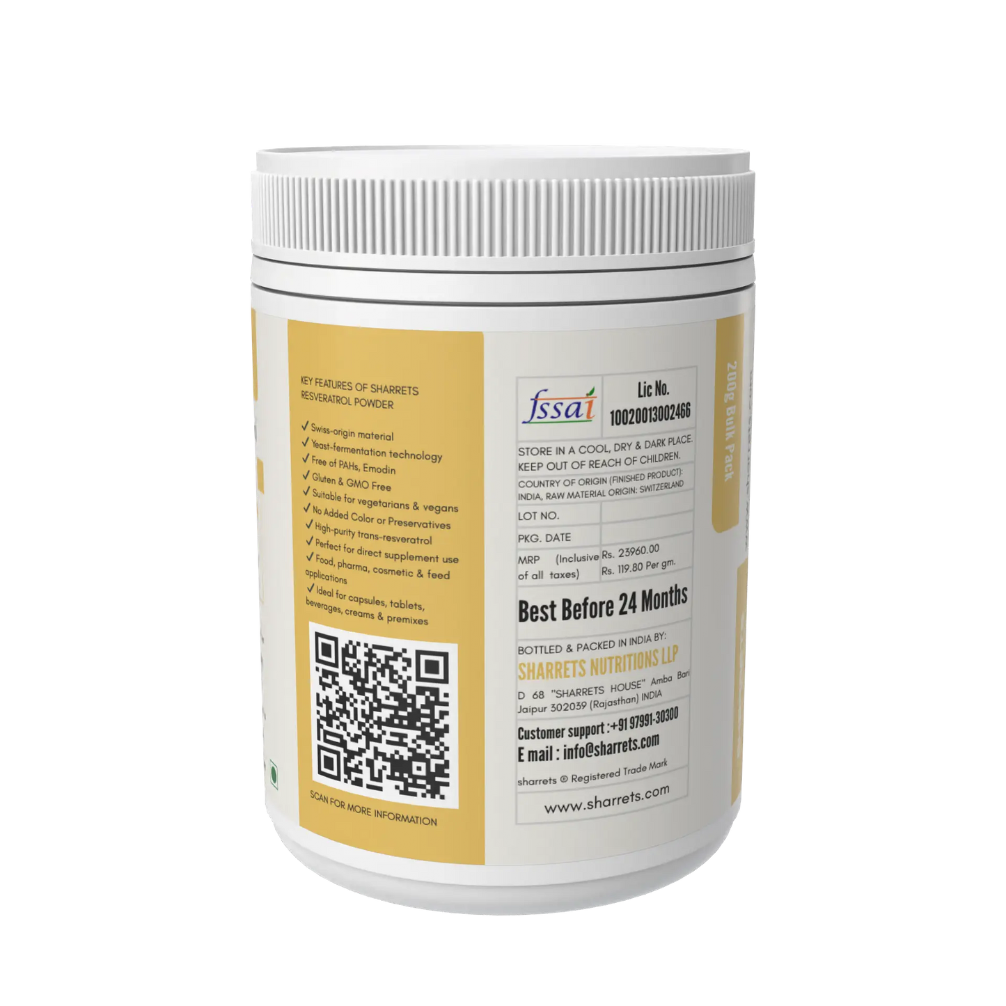 White container with a label featuring text and a QR code on a white background - Sharrets Resveratrol Supplements