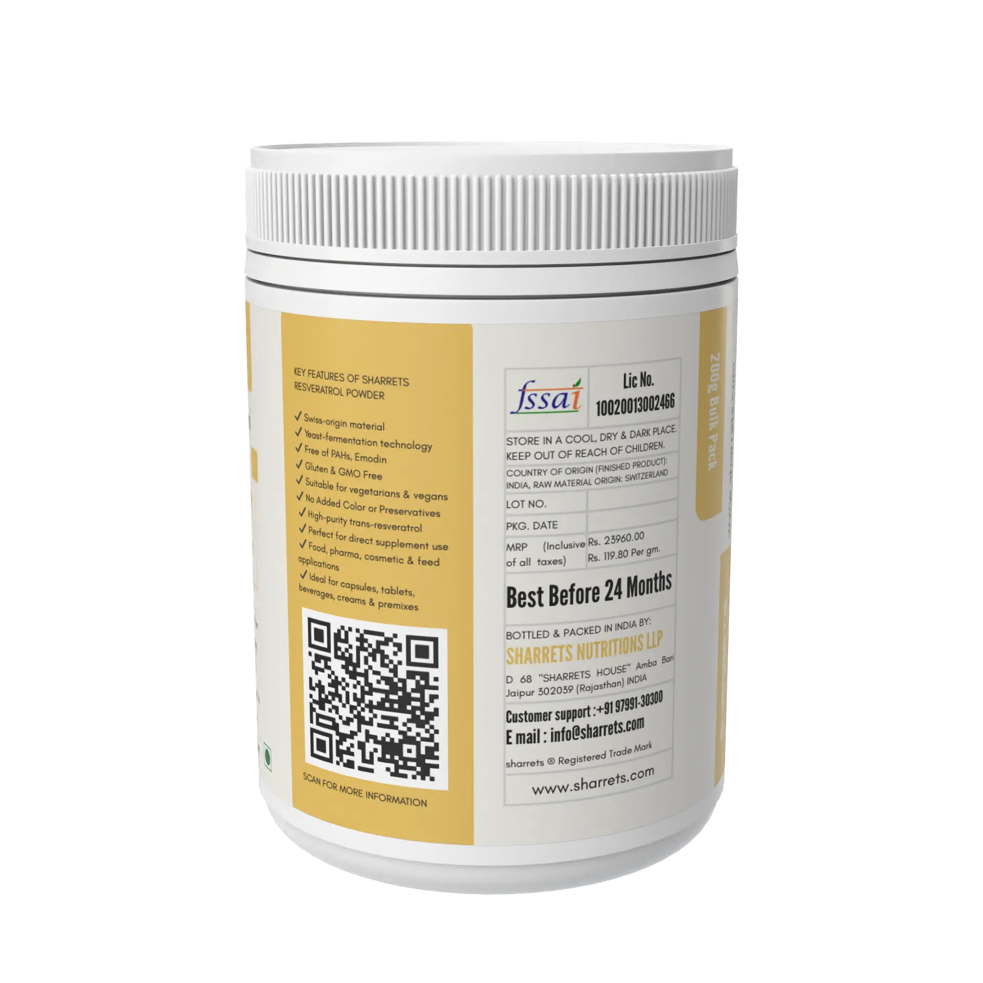 White container with a label featuring text and a QR code on a white background - Sharrets Resveratrol Supplements
