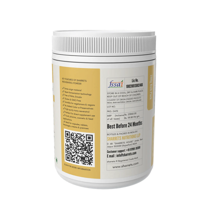 White container with a label featuring text and a QR code on a white background - Sharrets Resveratrol Supplements