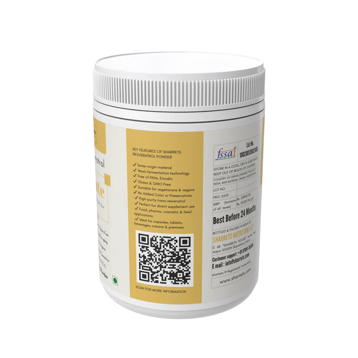 White container with yellow label featuring a QR code on a white background -Sharrets Resveratrol Supplements