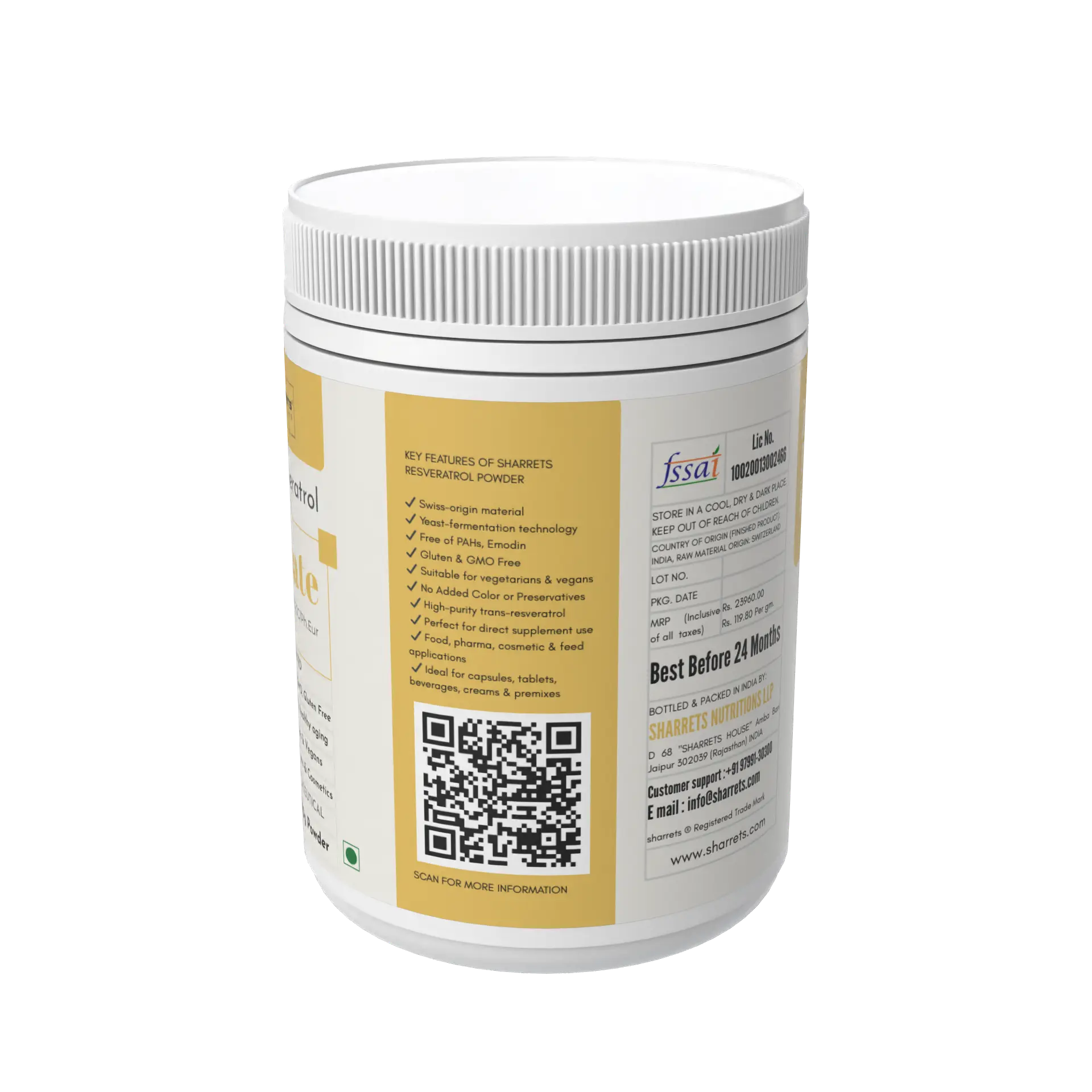 White container with yellow label featuring a QR code on a white background -Sharrets Resveratrol Supplements