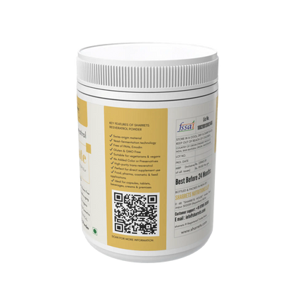 White container with yellow label featuring a QR code on a white background -Sharrets Resveratrol Supplements