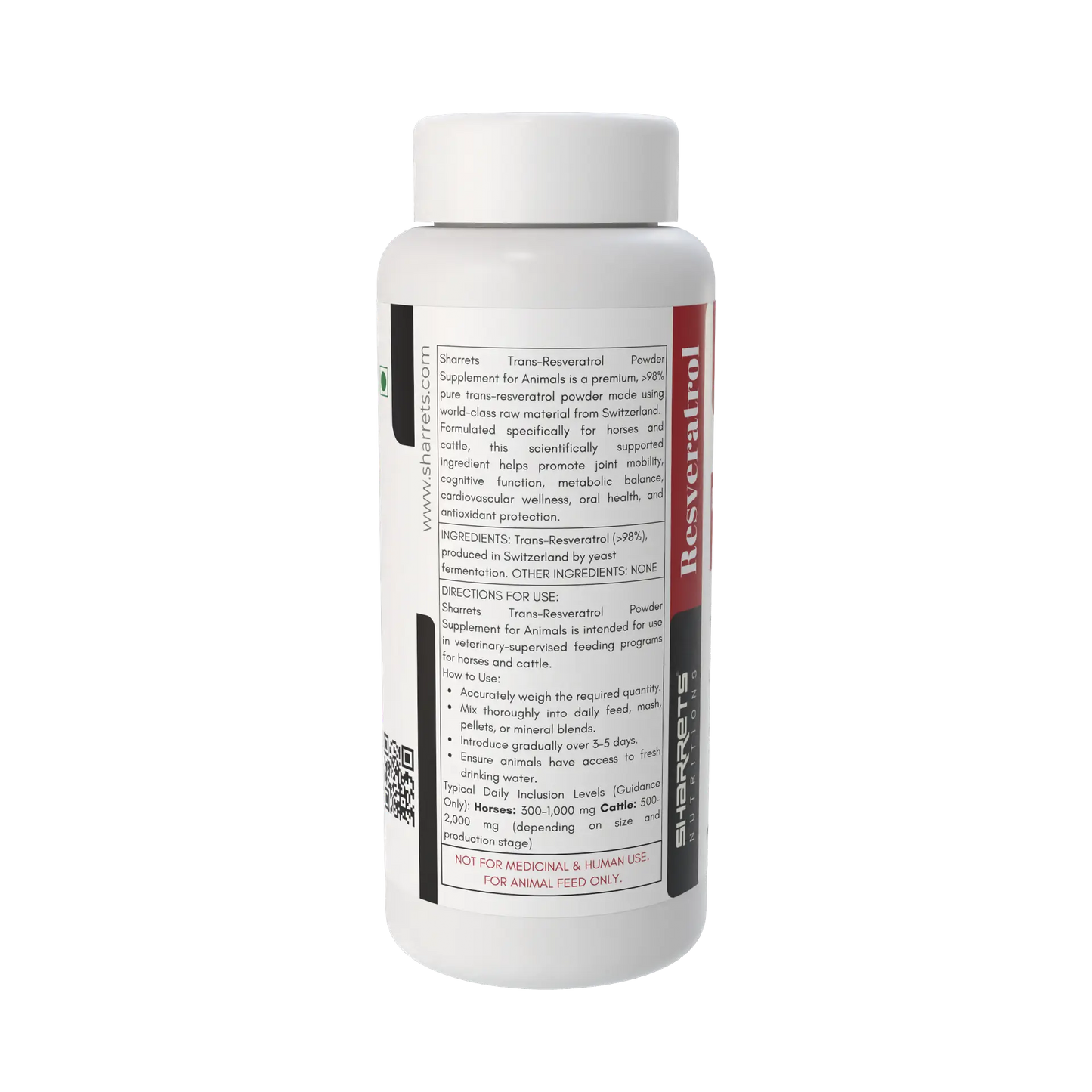 Supplement bottle with a white label on a white background - Sharrets Trans-Resveratrol Powder Supplement for Animals – 25 g