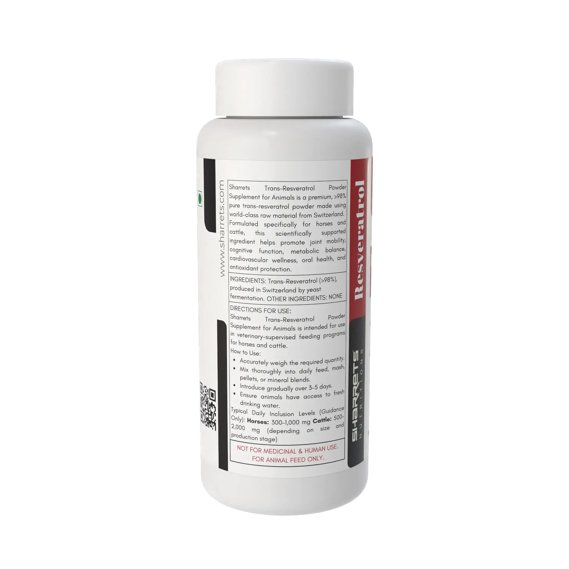 Supplement bottle with a white label on a white background - Sharrets Trans-Resveratrol Powder Supplement for Animals – 25 g