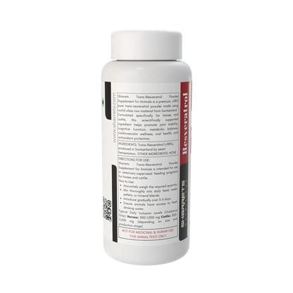 Supplement bottle with a white label on a white background - Sharrets Trans-Resveratrol Powder Supplement for Animals – 25 g
