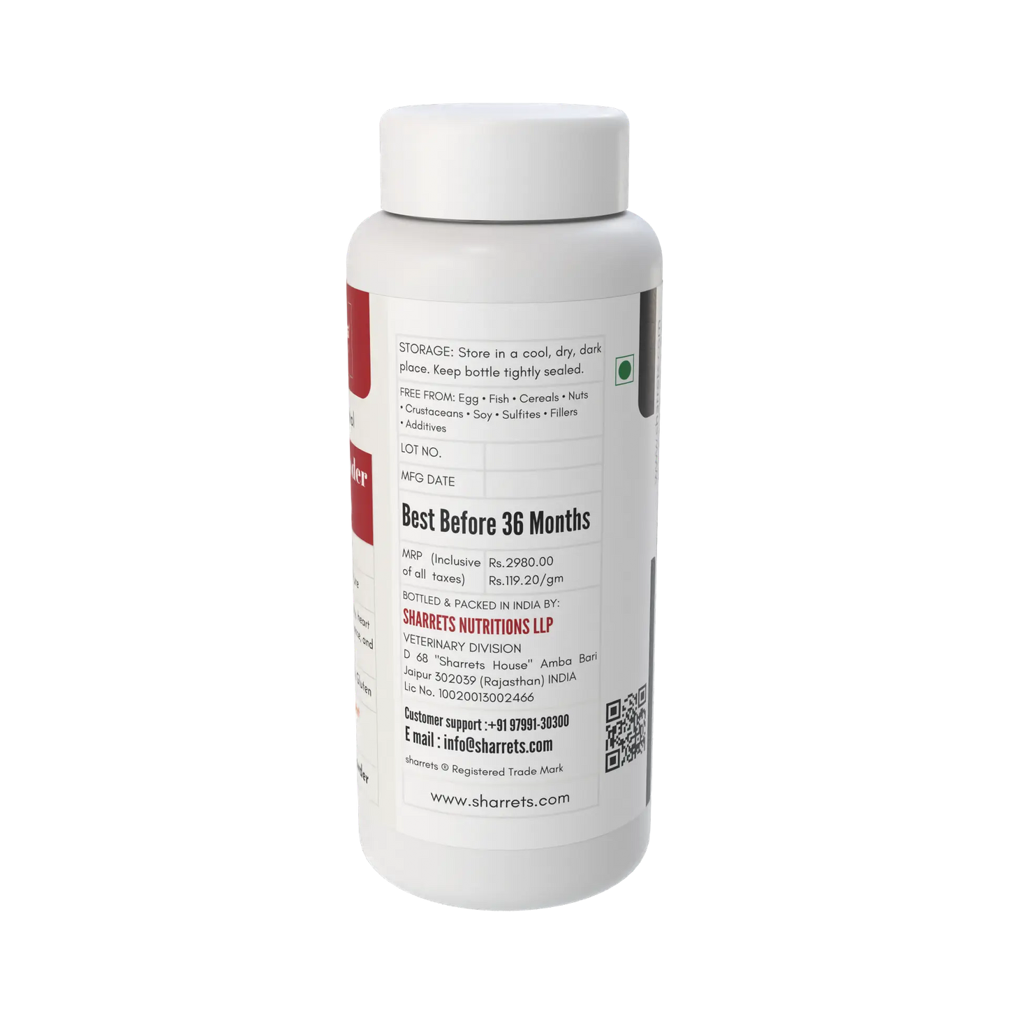 White supplement bottle with red label on a white background - Sharrets Trans-Resveratrol Powder Supplement for Animals – 25 g