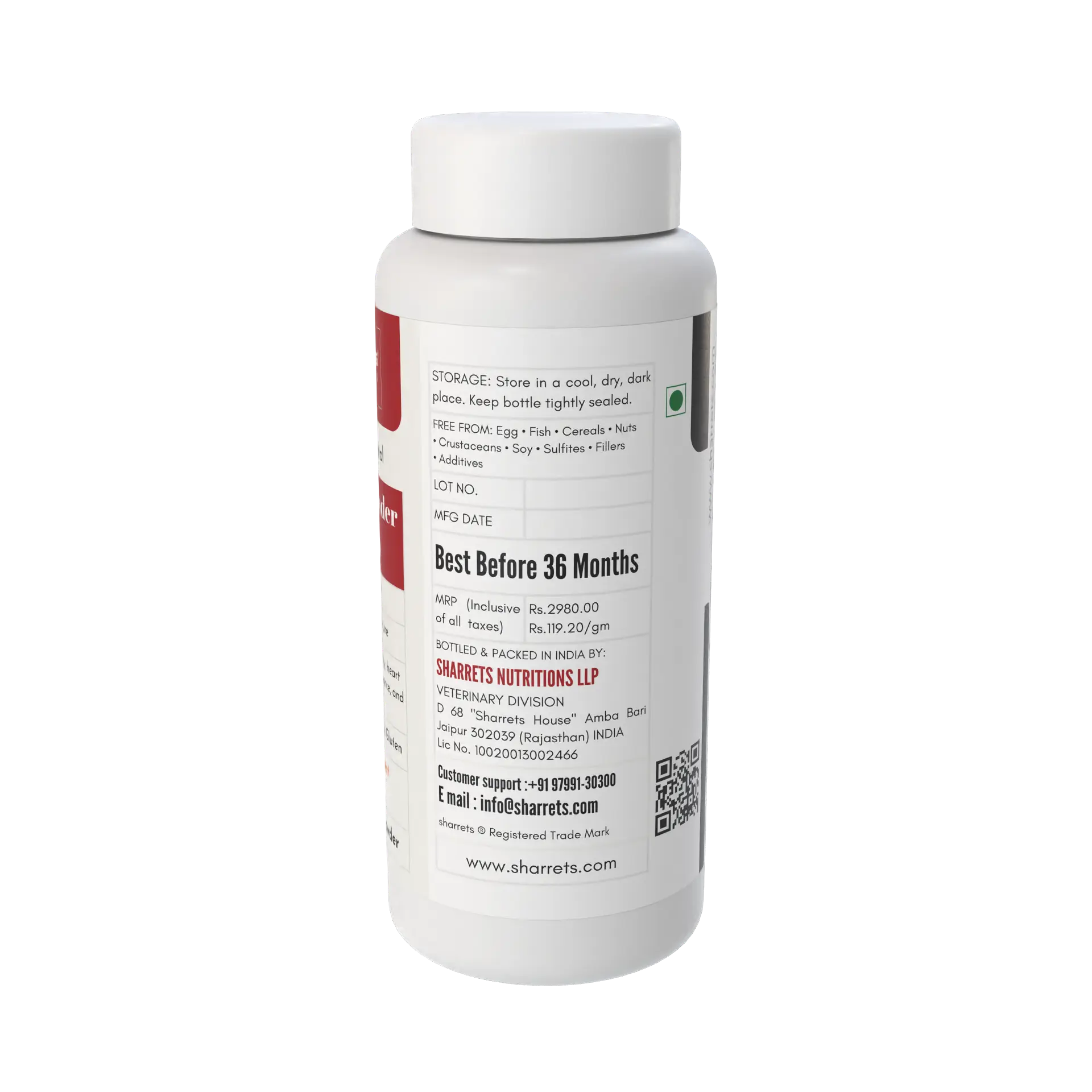 White supplement bottle with red label on a white background - Sharrets Trans-Resveratrol Powder Supplement for Animals – 25 g