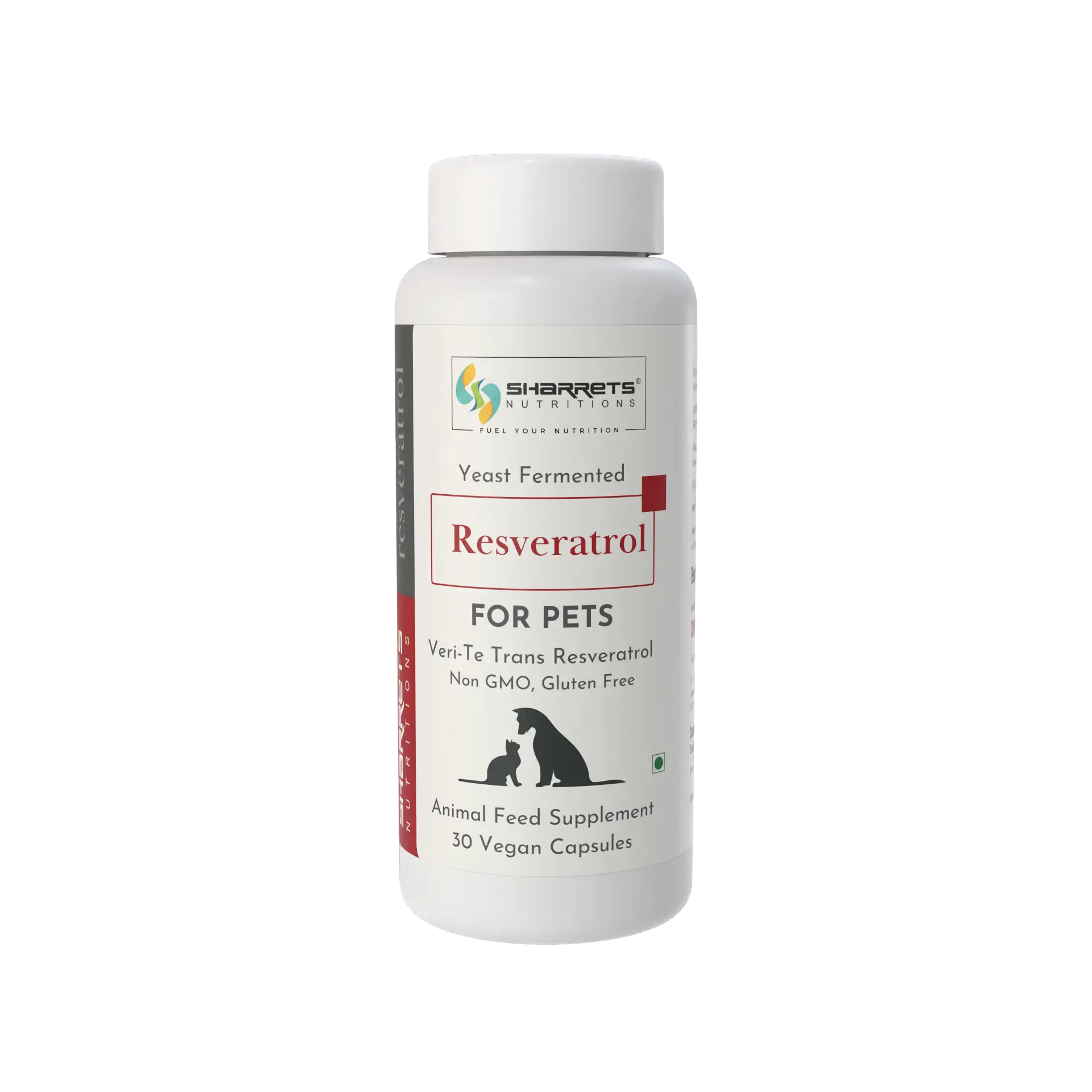 Supplement bottle for pets with Sharrets Nutritions branding on a white background