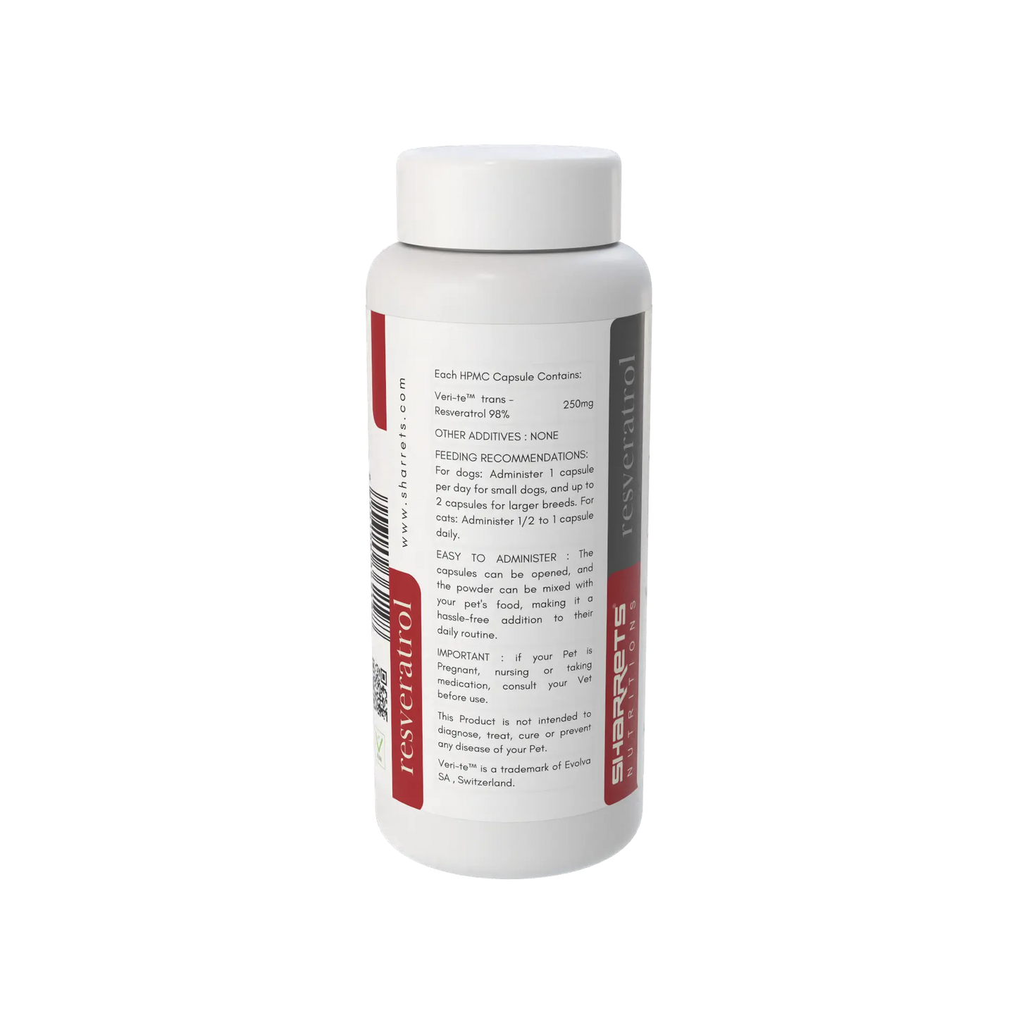 White resveratrol for pets supplement bottle with red label on a white background