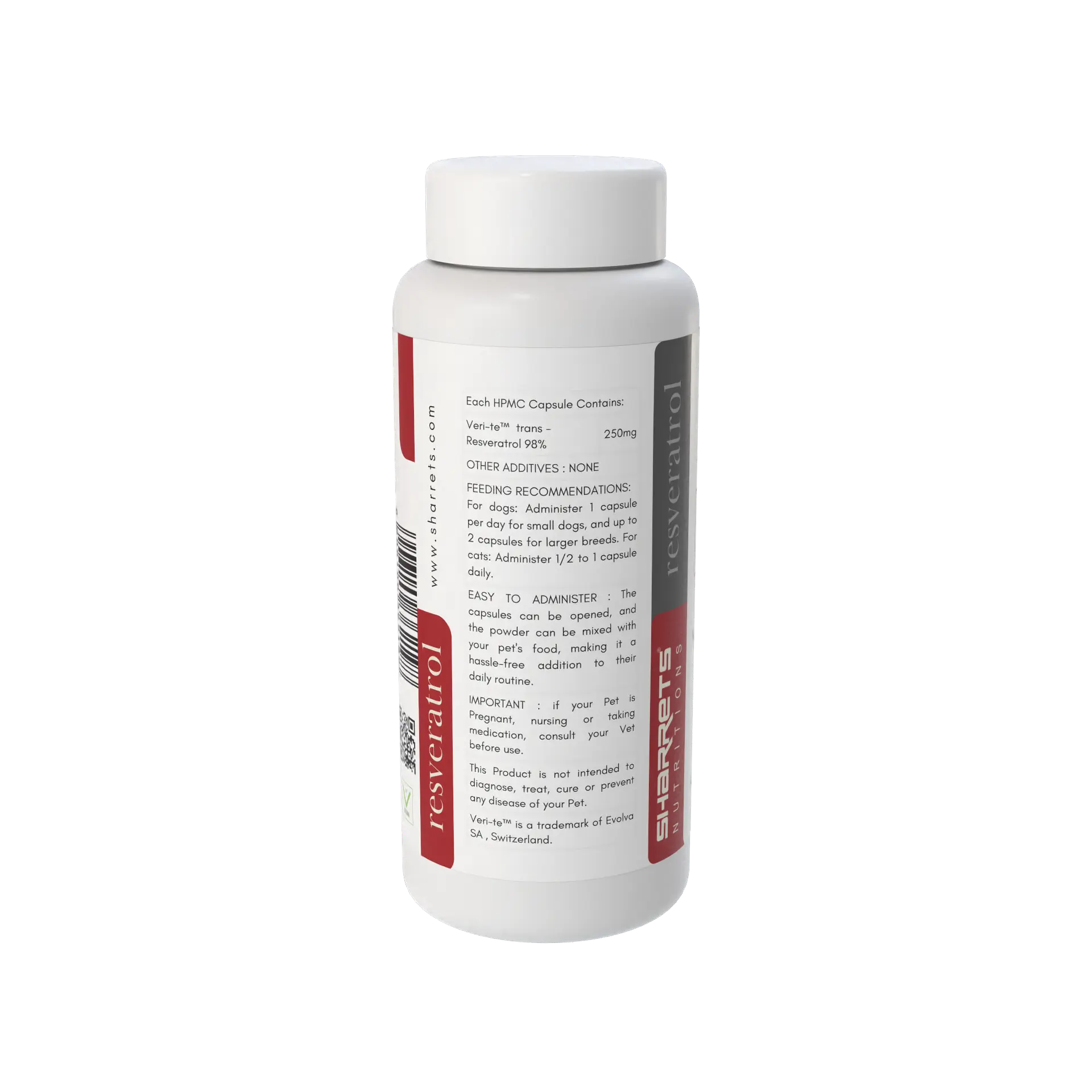 White resveratrol for pets supplement bottle with red label on a white background