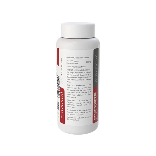 White resveratrol for pets supplement bottle with red label on a white background