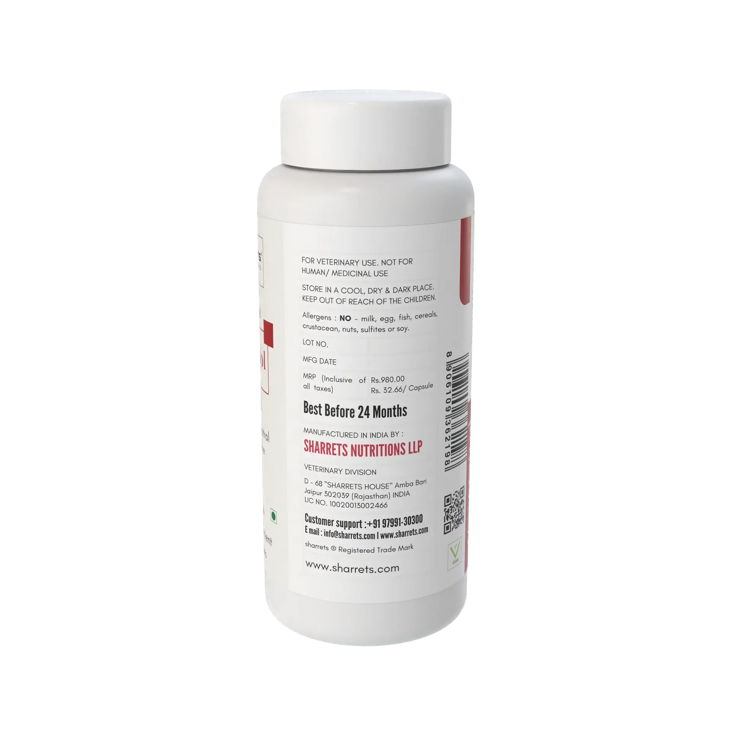White supplement bottle with text on a white background