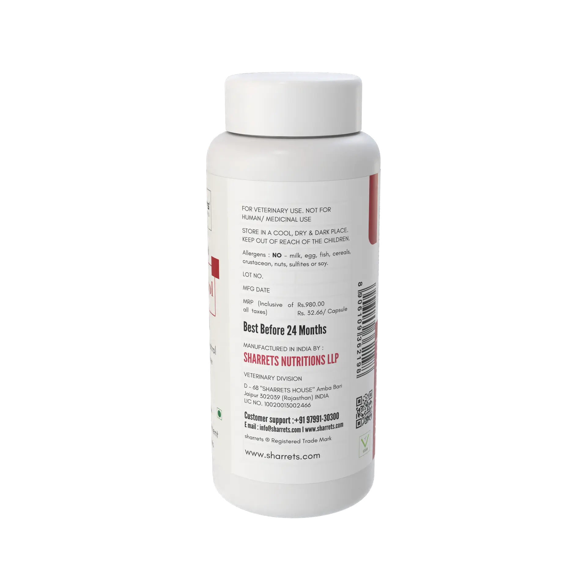 White supplement bottle with text on a white background