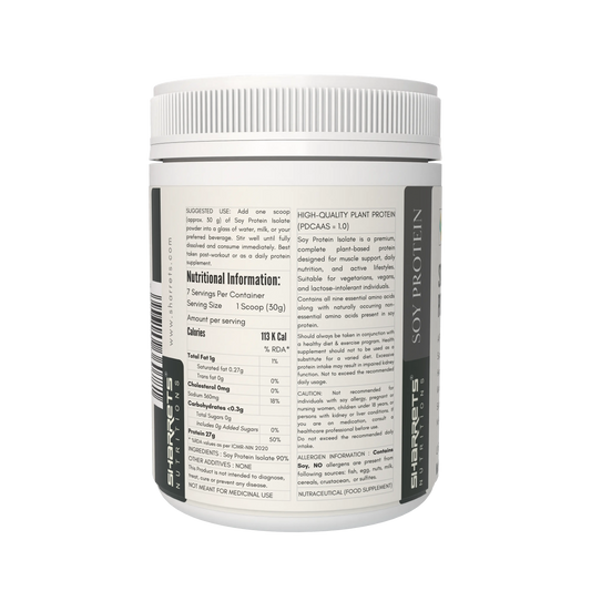 Soy protein container with nutritional information label on a white background