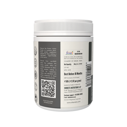 Back label of a supplement container with text and QR code on a white background - Sharrets Soy Protein Isolate Powder-Premium Plant Based Protein Supplement