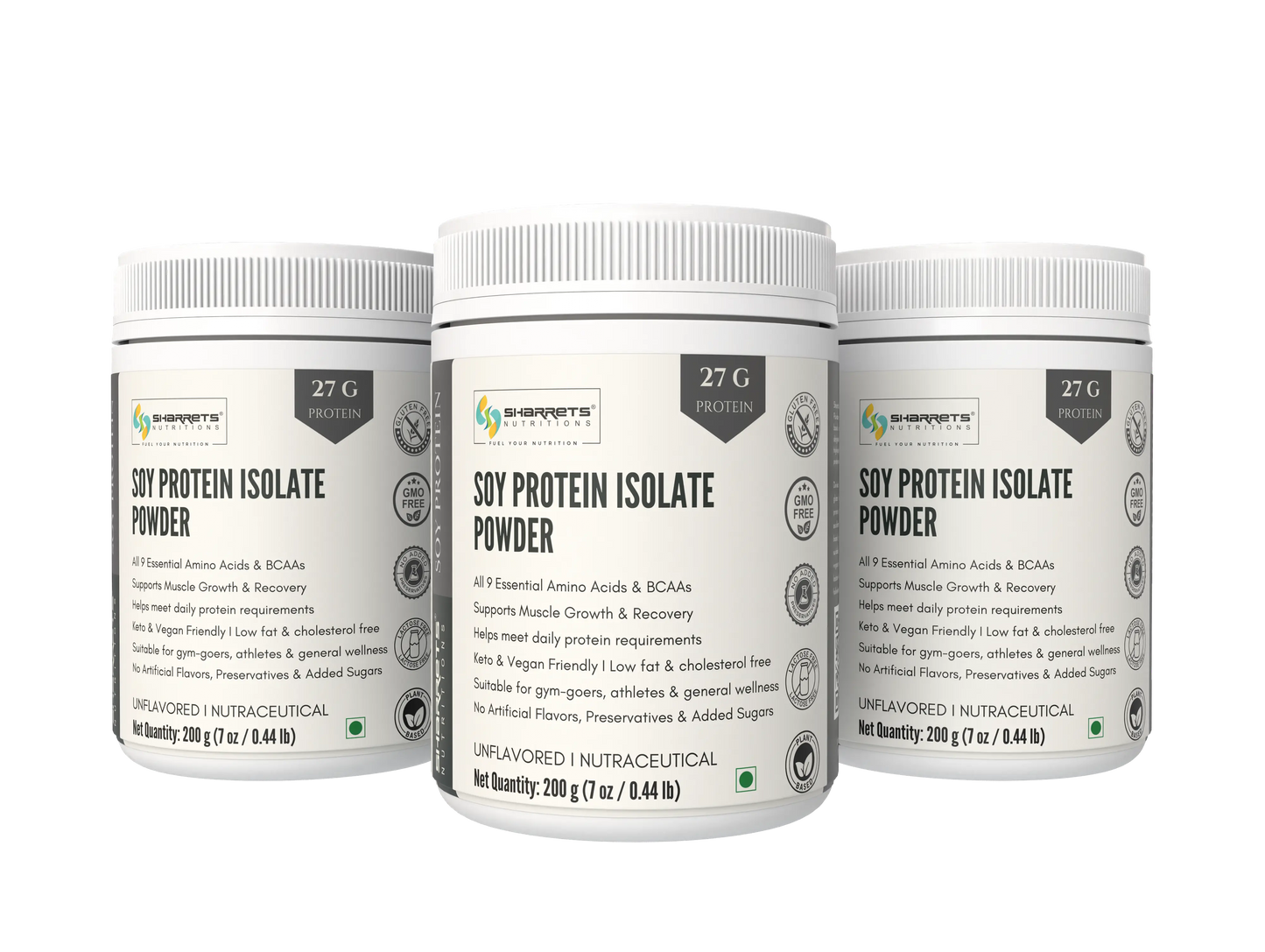 Three containers of sharrets soy protein isolate powder on a white background