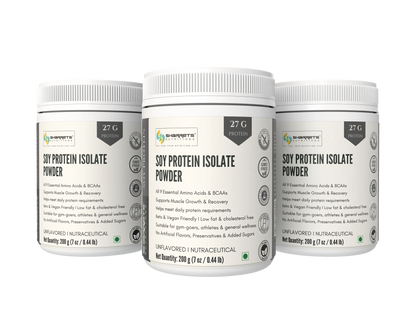 Three containers of sharrets soy protein isolate powder on a white background