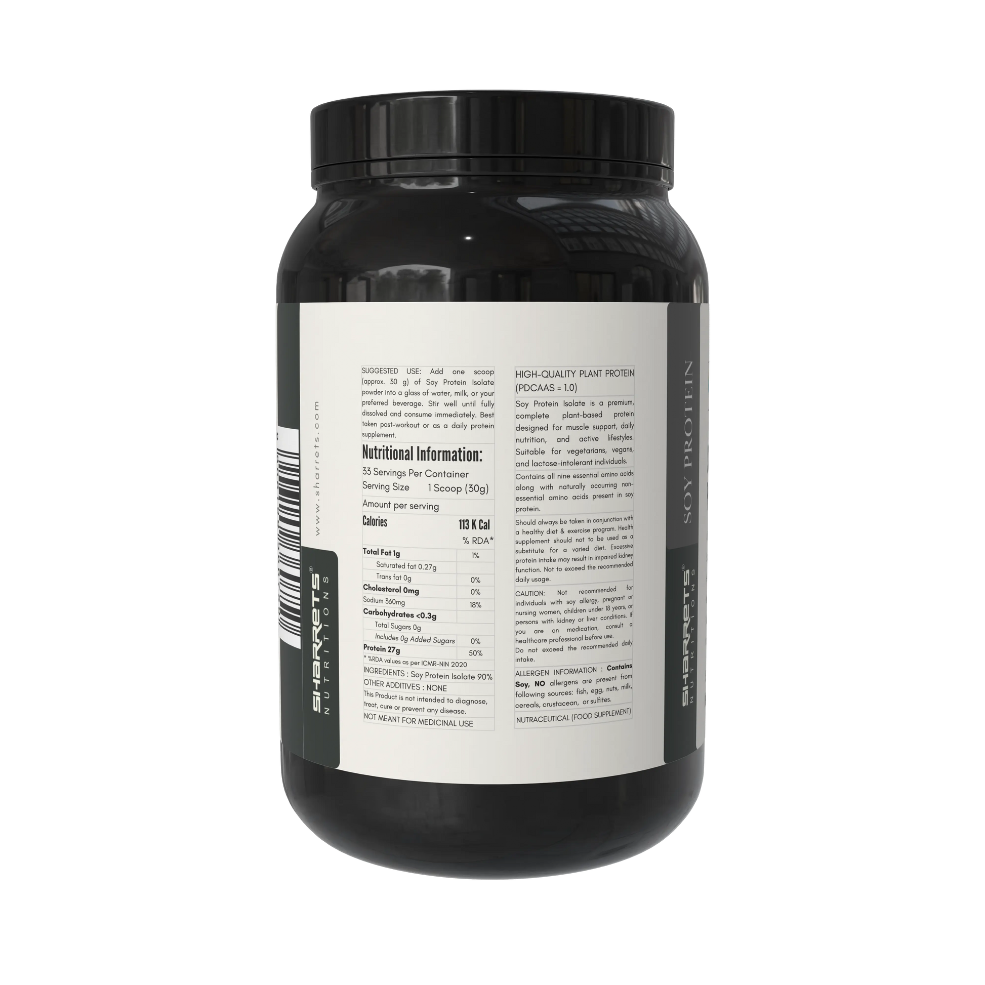 Black protein powder container with a label on a white background