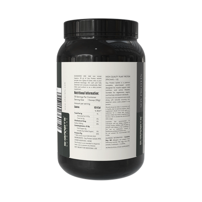 Black protein powder container with a label on a white background