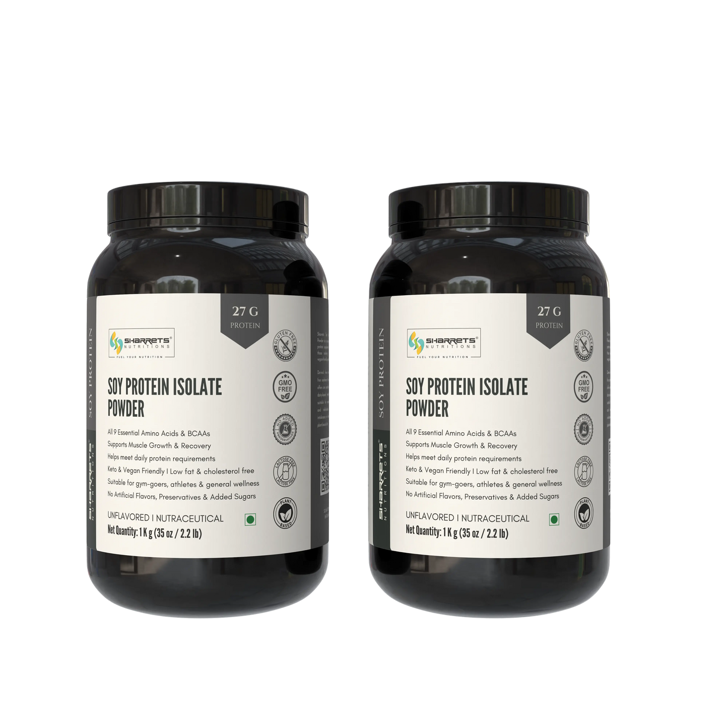 Two containers of Soy Protein Isolate Powder on a white background