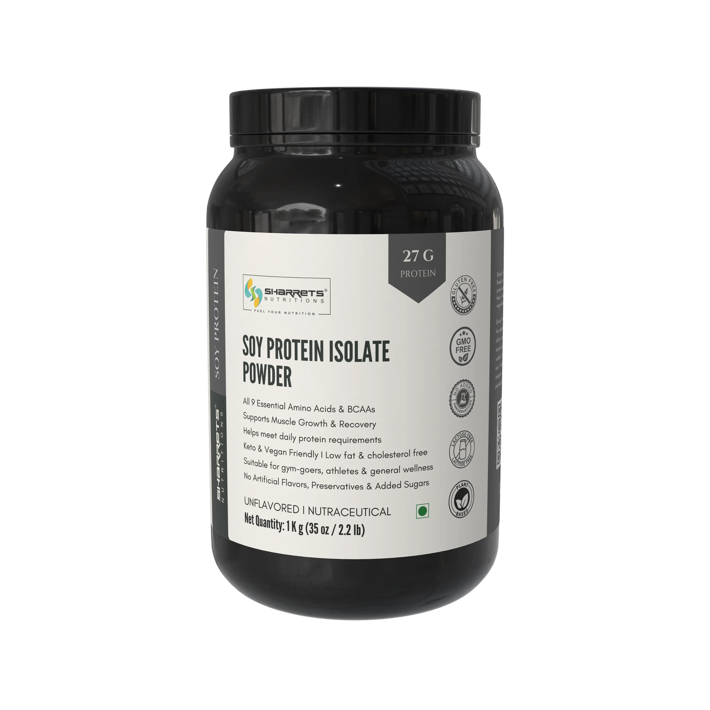 Black container of sharrets soy protein isolate powder with a white label on a white background