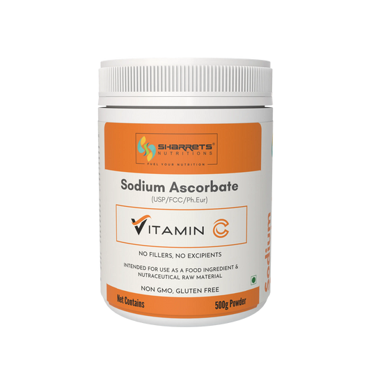 Jar of Sharrets Sodium Ascorbate Vitamin C powder on a white background