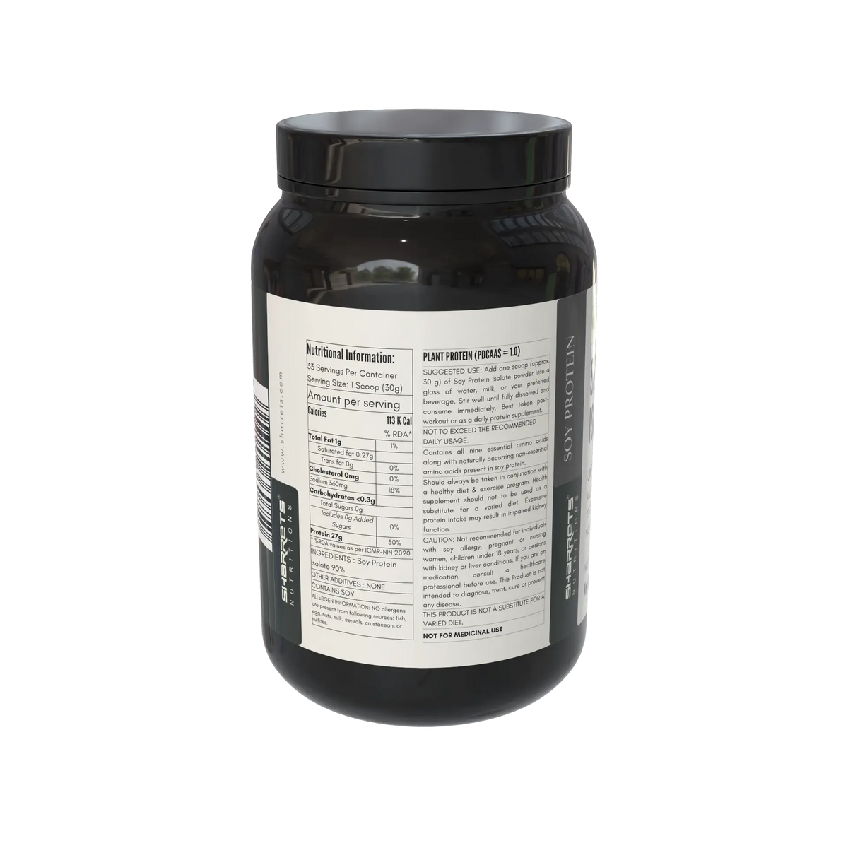 Sharrets Soy Protein Isolate 90% Powder – Unflavored Plant Protein- 1kg- showing nutritional information