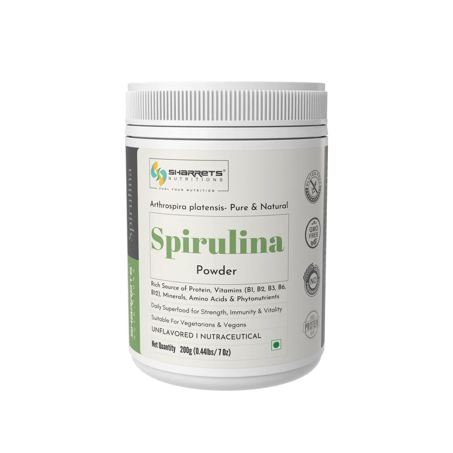 Spirulina powder container with Sharrets Nutritions branding on a white background