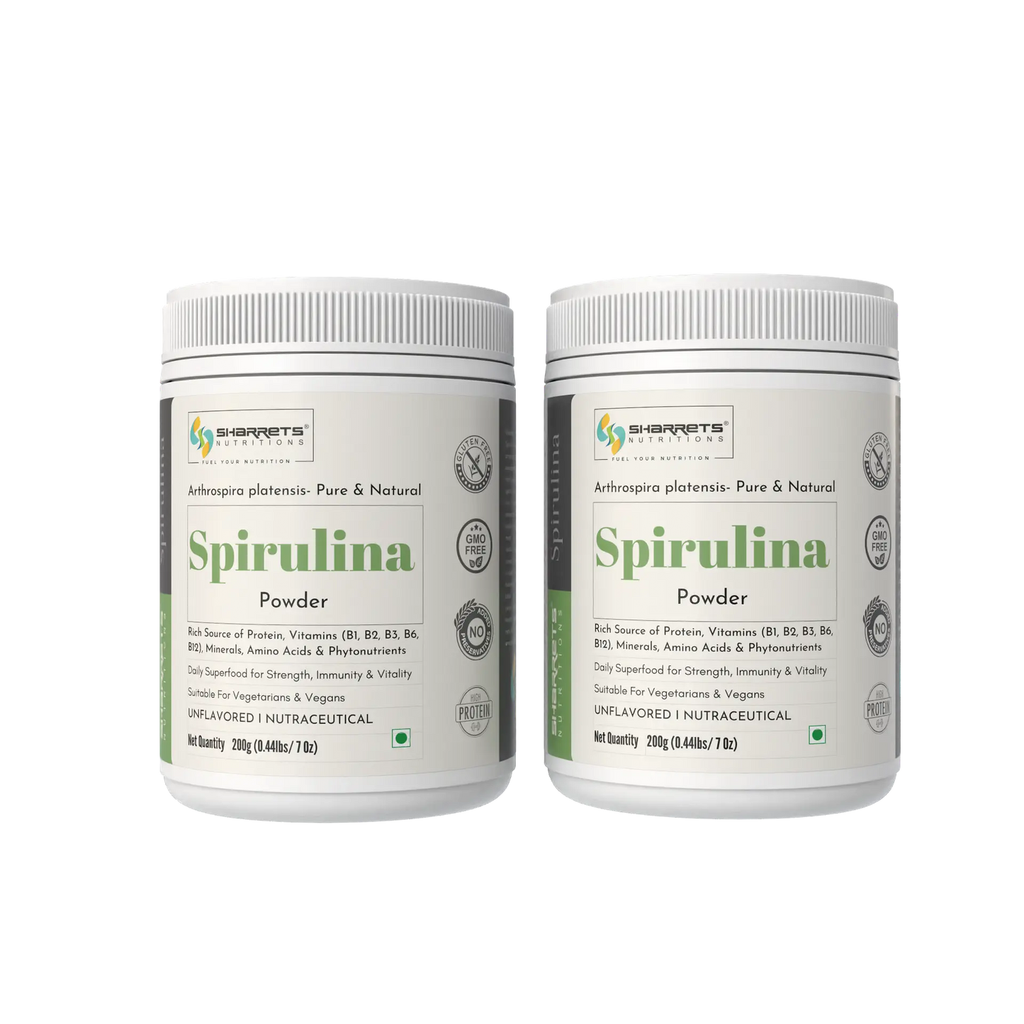Two containers of sharrets Spirulina Powder on a white background