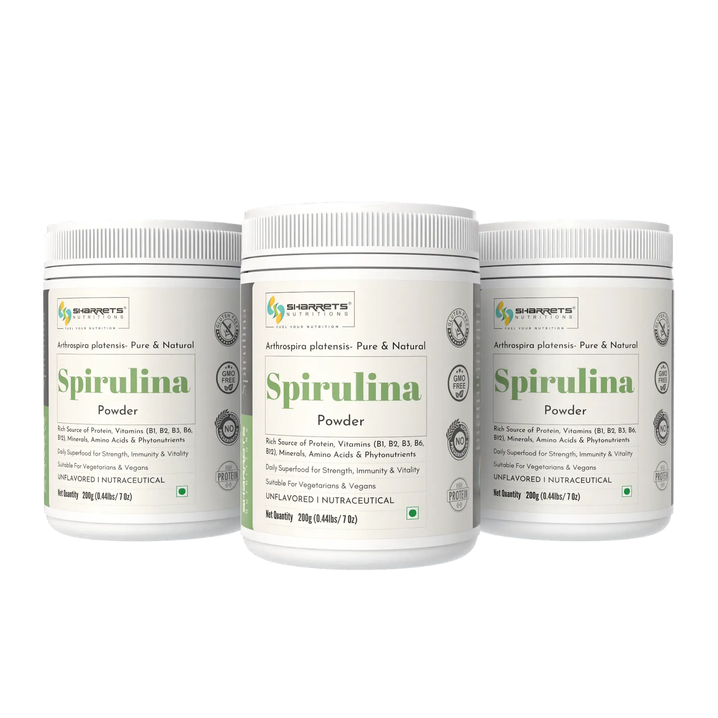 Three containers of Sharrets Spirulina Powder on a white background