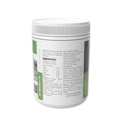 Supplement container with label on a white background - Sharrets Spirulina Powder Supplement - 200g
