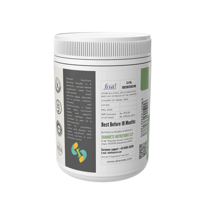 Back view of a supplement container with label details on a white background- Sharrets Spirulina Powder Supplement - 200g