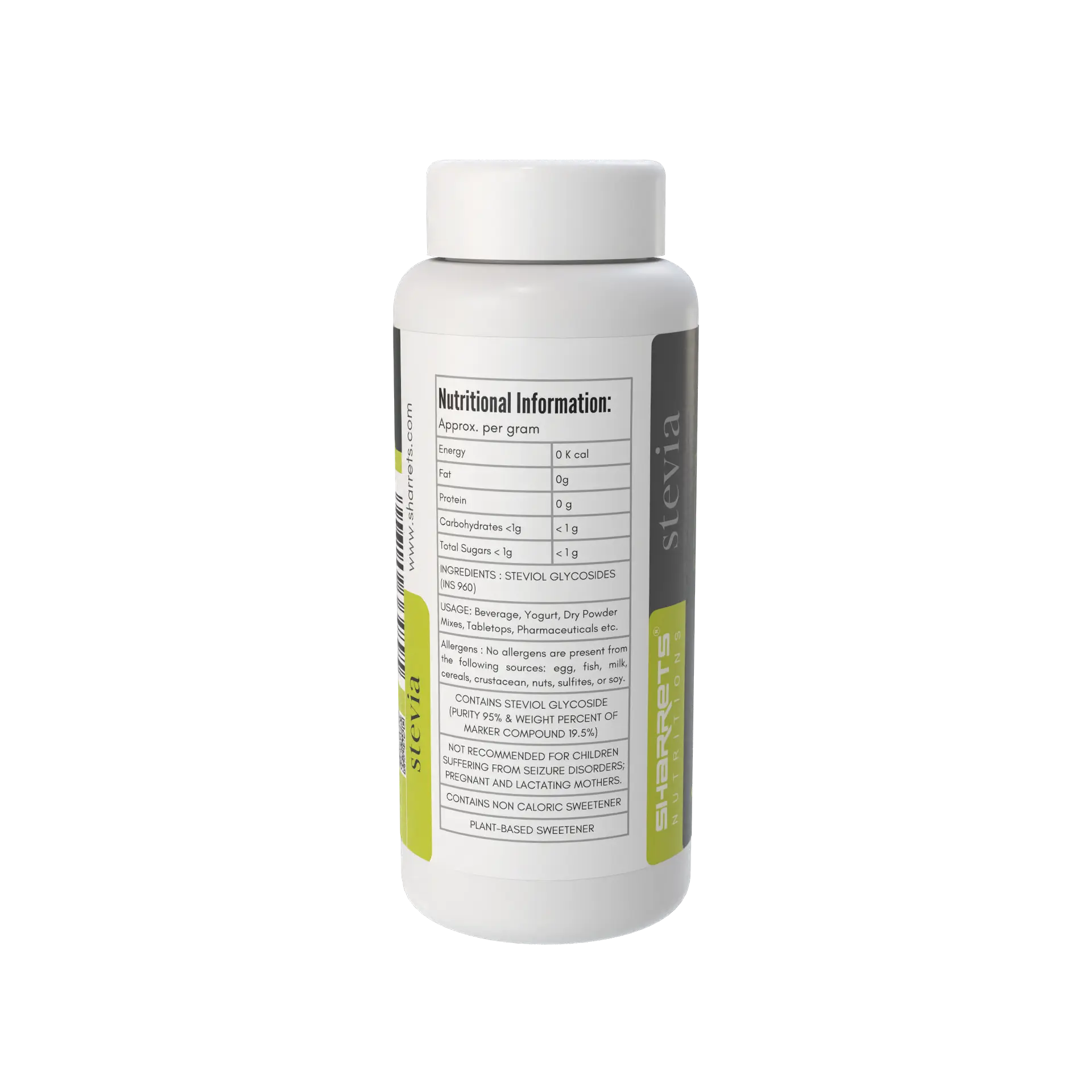 Stevia sweetener container with nutritional information label on a white background