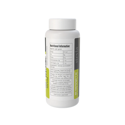 Stevia sweetener container with nutritional information label on a white background