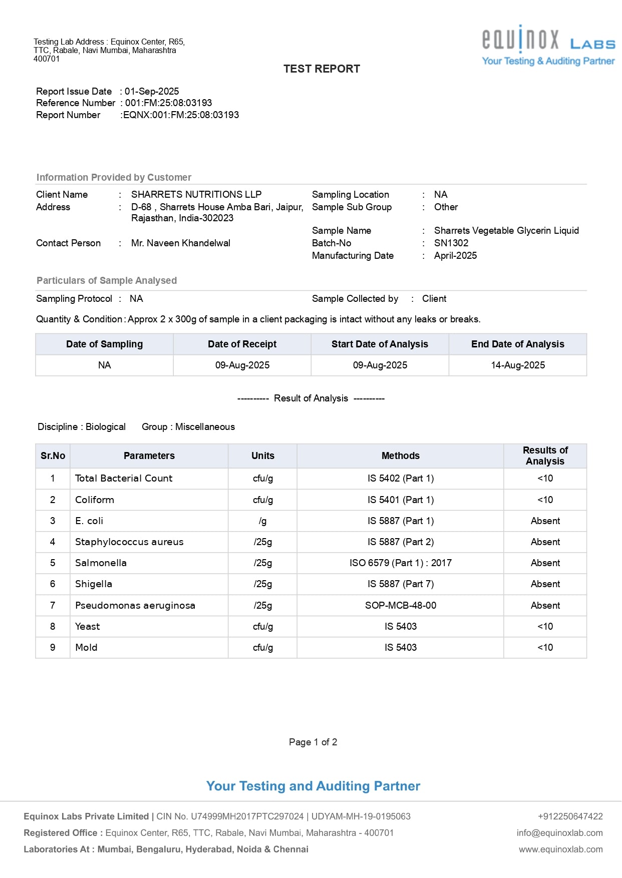 Vegetable Glycerin Microbiology Test Results- Sharrets