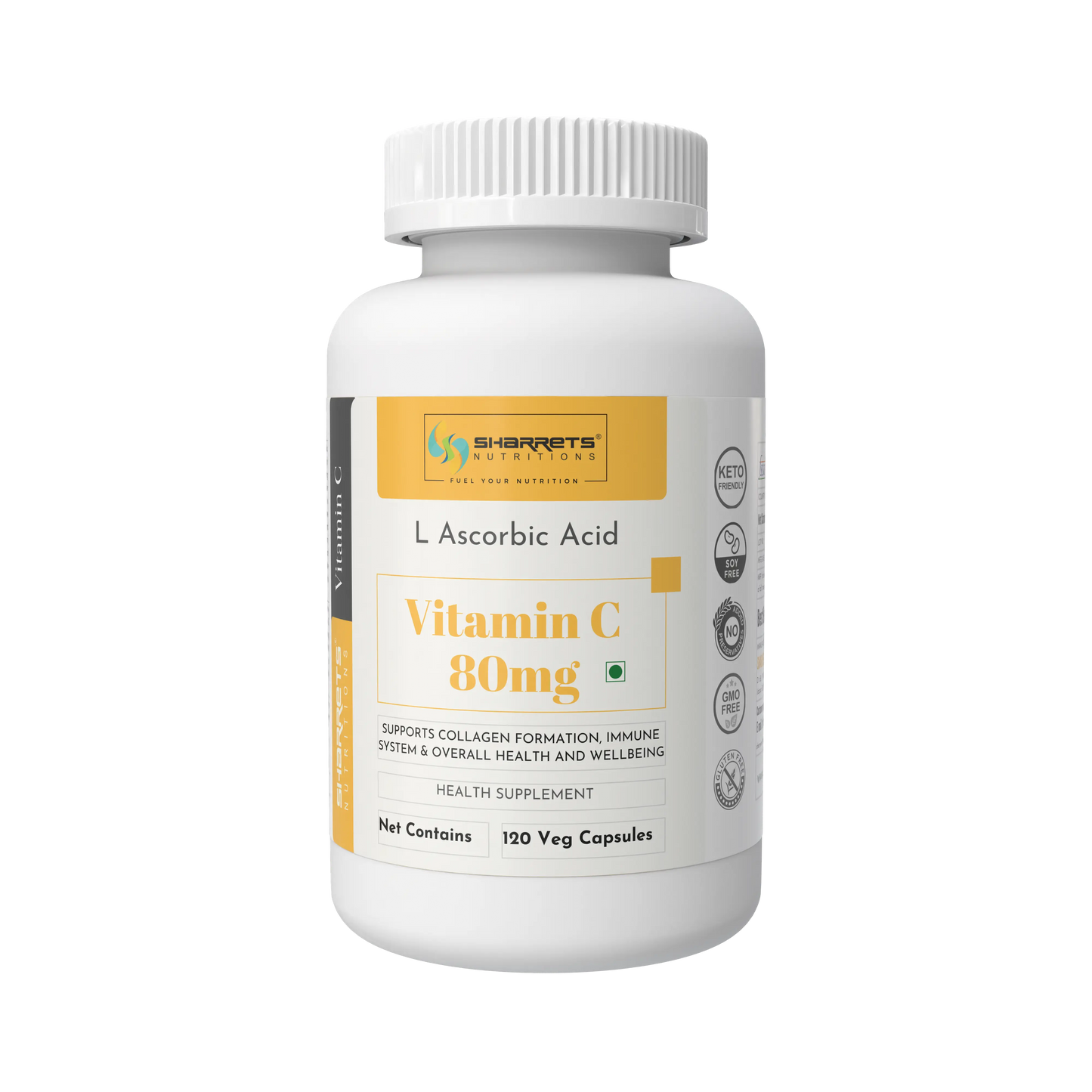 Supplement bottle labeled 'Vitamin C 80mg' with Sharrets Nutritionsbranding on a white background