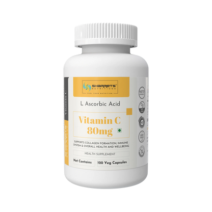 Supplement bottle labeled 'Vitamin C 80mg' with Sharrets Nutritionsbranding on a white background