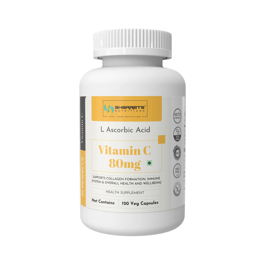 Supplement bottle labeled 'Vitamin C 80mg' with Sharrets Nutritionsbranding on a white background