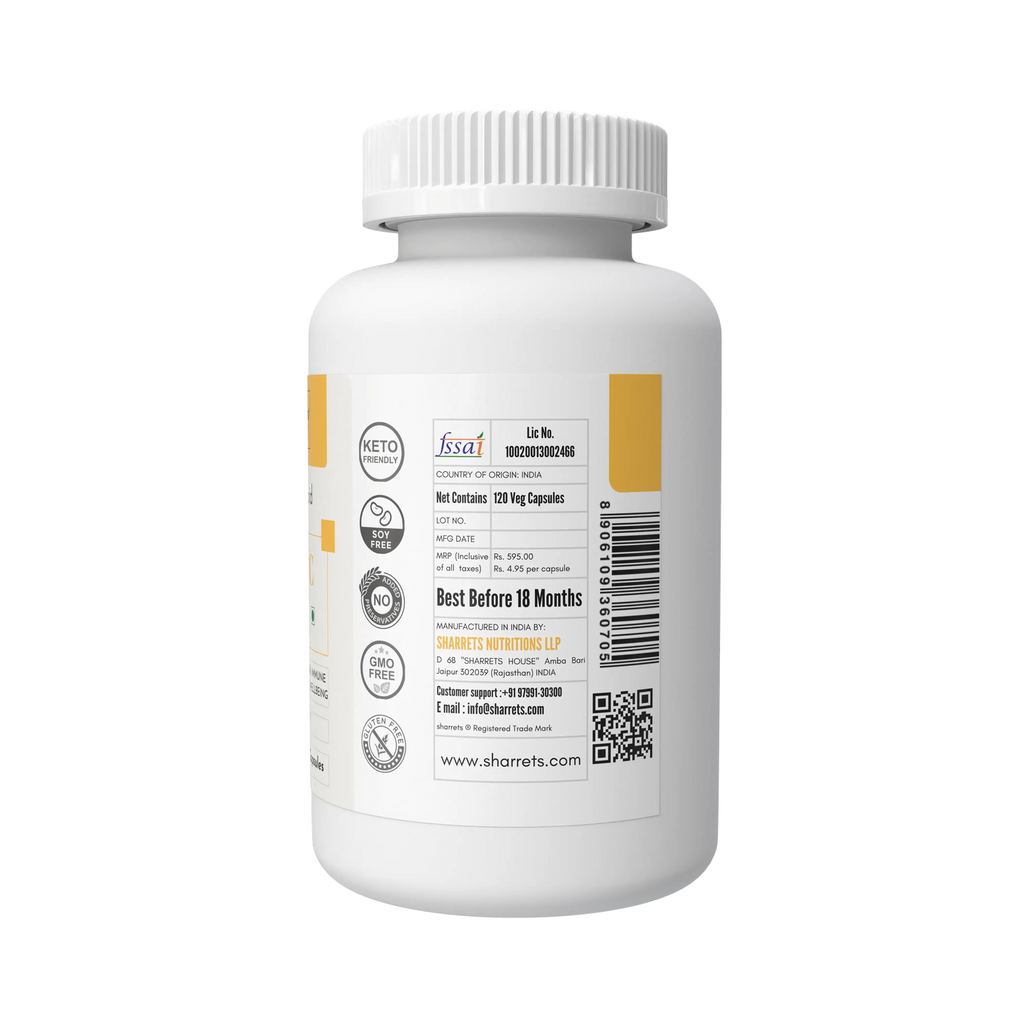 White supplement bottle with label on a white background